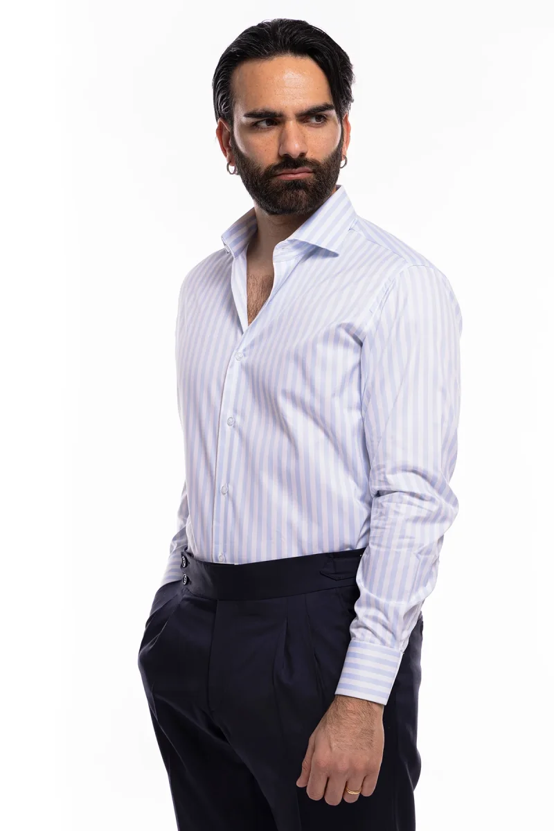 Camicia Uomo regular Fit riga celeste larga 100% cotone collo semi francese mileta Tessuti - immagine 3