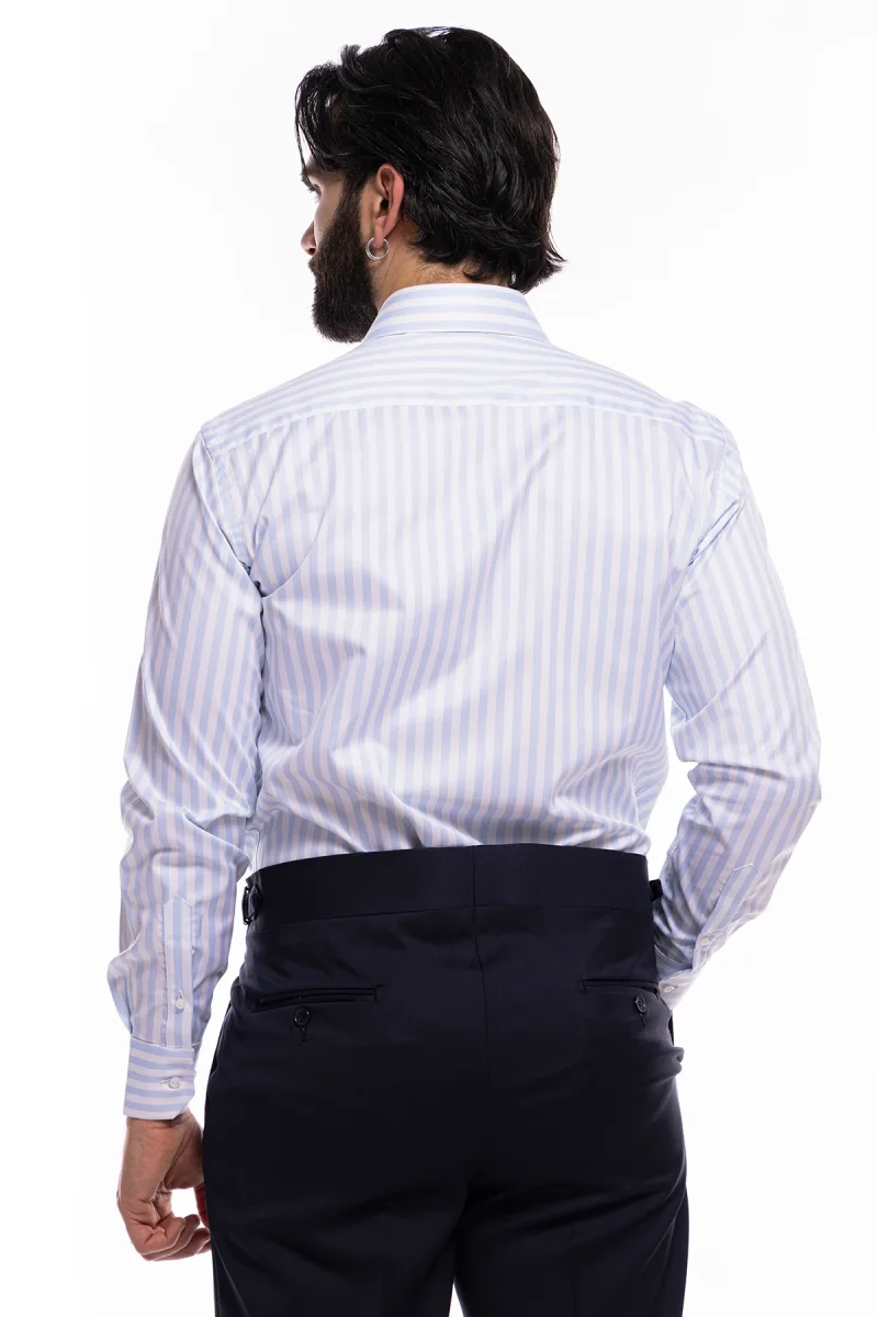 Camicia Uomo regular Fit riga celeste larga 100% cotone collo semi francese mileta Tessuti - immagine 4