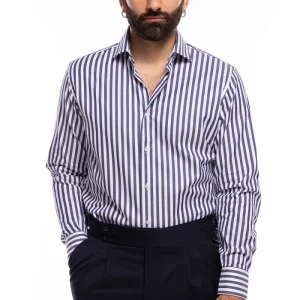 Camicia Uomo regular Fit riga blu denim larga 100% cotone collo semi francese mileta Tessuti