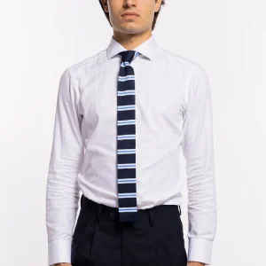 Cravatta uomo Blu in tricot fantasia riga bianca e azzurra 6cm fondo dritto