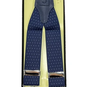 Bretelle da uomo blu fantasia pois bianchi Elasticizzate 3,5 cm regolabili con chiusura pinze argento