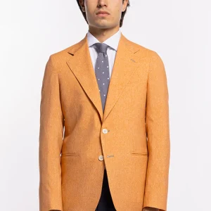 Giacca uomo monopetto arancio in fresco lana stampato Vitale Barberis Canonico Rever largo classico