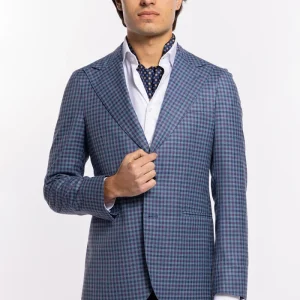 Giacca uomo monopetto blu denim quadri bordeaux fresco lana seta lino Bristol Tessuti Rever largo a lancia