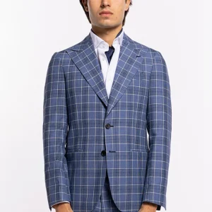 Giacca uomo monopetto blu denim quadri bianchi fresco lana e lino Bristol Tessuti Rever largo a lancia