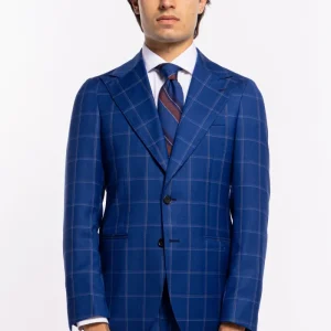Giacca uomo monopetto royal blu fantasia quadri bianchi fresco lana Bristol Tessuti Rever largo a lancia