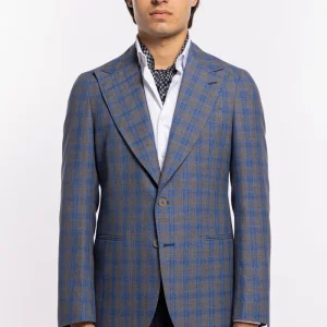 Giacca uomo monopetto grigia fantasia quadri blu fresco lana Bristol Tessuti Rever largo a lancia