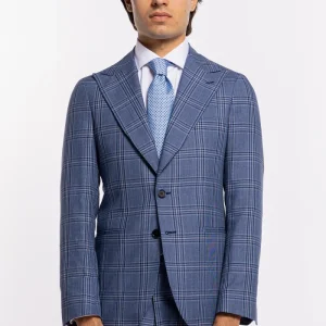 Giacca uomo monopetto denim fantasia quadri blu fresco lana e seta Bristol Tessuti Rever largo a lancia