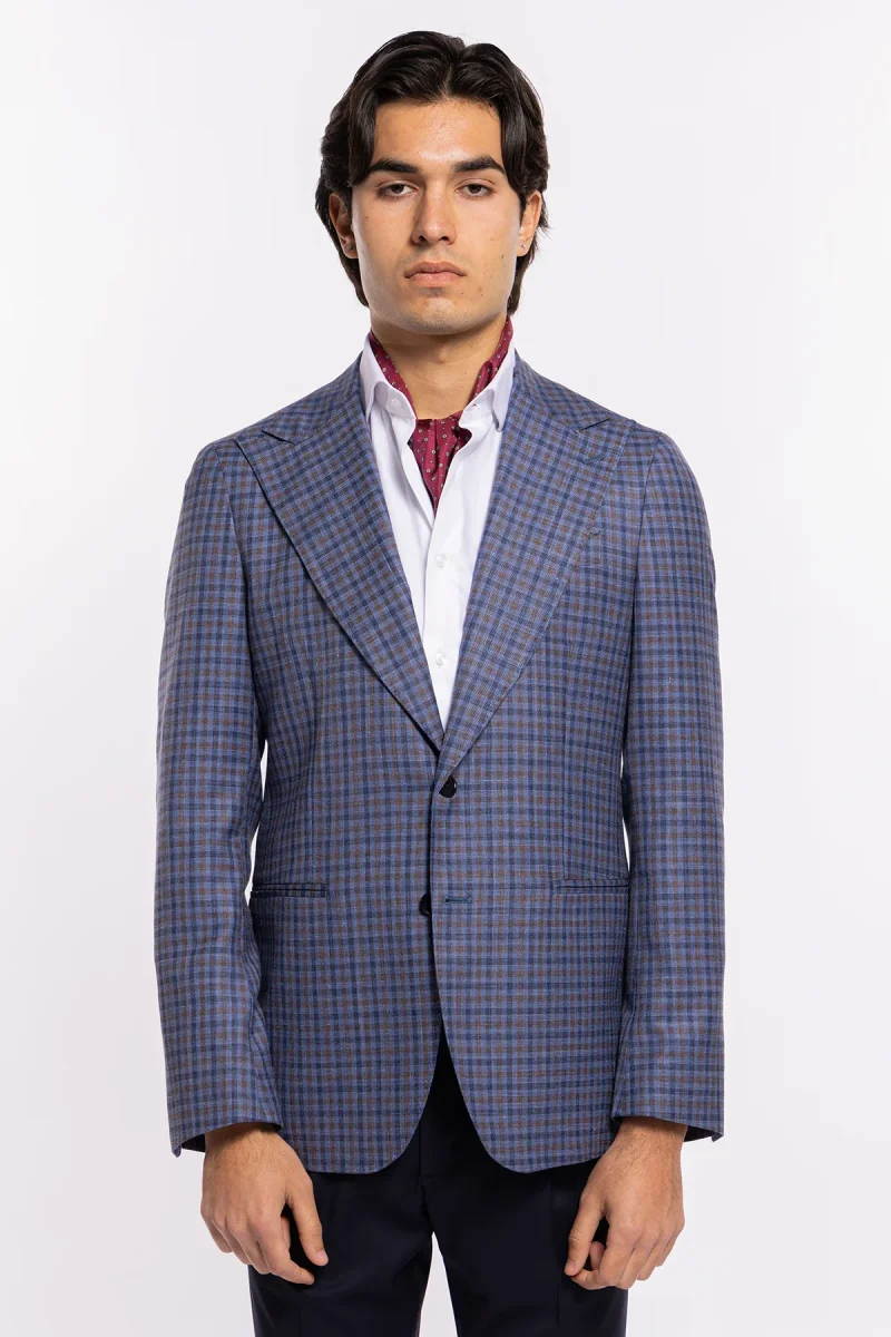 Abito uomo monopetto blu fantasia quadretti marrone e denim fresco lana seta e lino Bristol Tessuti Rever largo a lancia - immagine 3