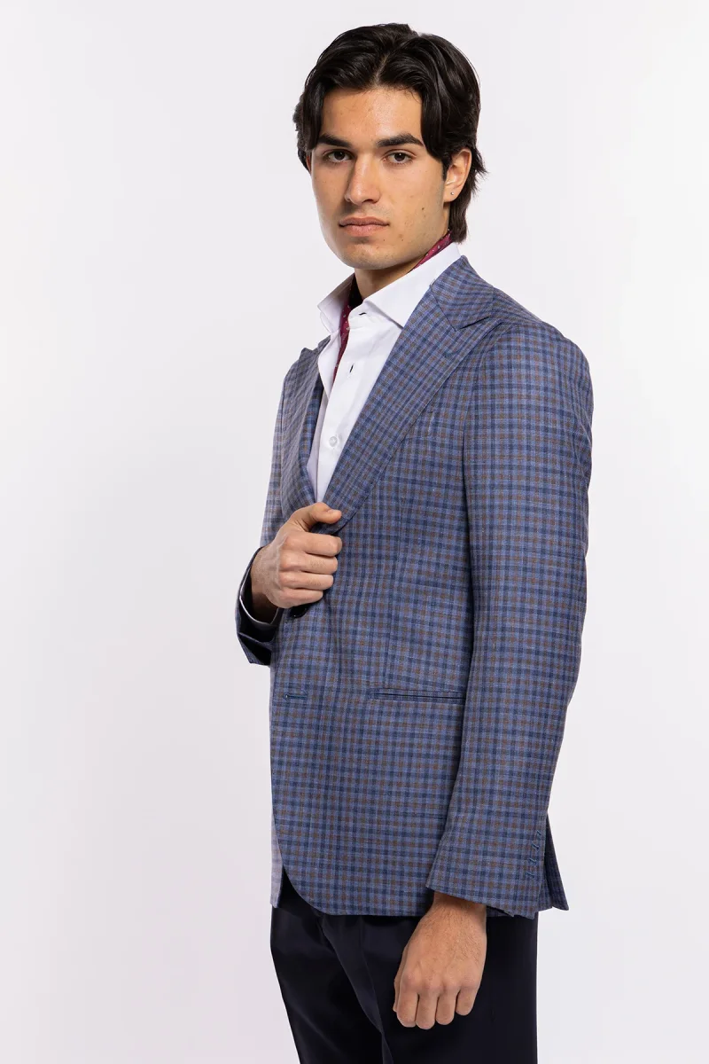 Abito uomo monopetto blu fantasia quadretti marrone e denim fresco lana seta e lino Bristol Tessuti Rever largo a lancia - immagine 8