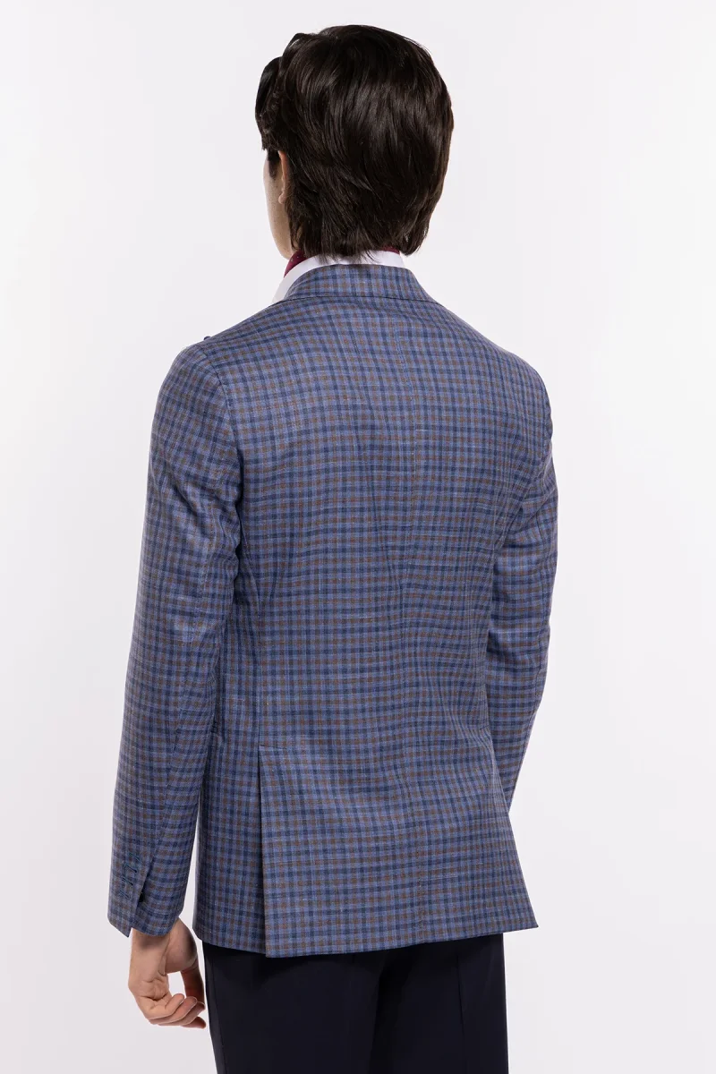 Abito uomo monopetto blu fantasia quadretti marrone e denim fresco lana seta e lino Bristol Tessuti Rever largo a lancia - immagine 7