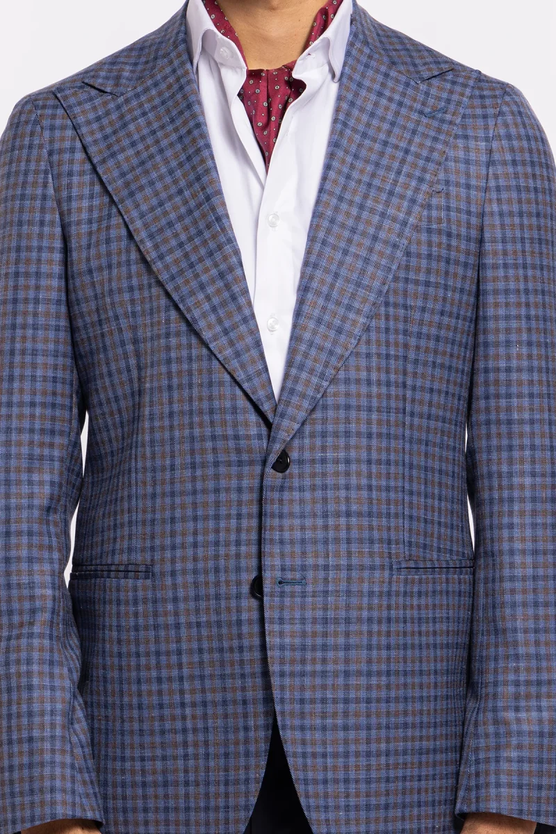 Abito uomo monopetto blu fantasia quadretti marrone e denim fresco lana seta e lino Bristol Tessuti Rever largo a lancia - immagine 6