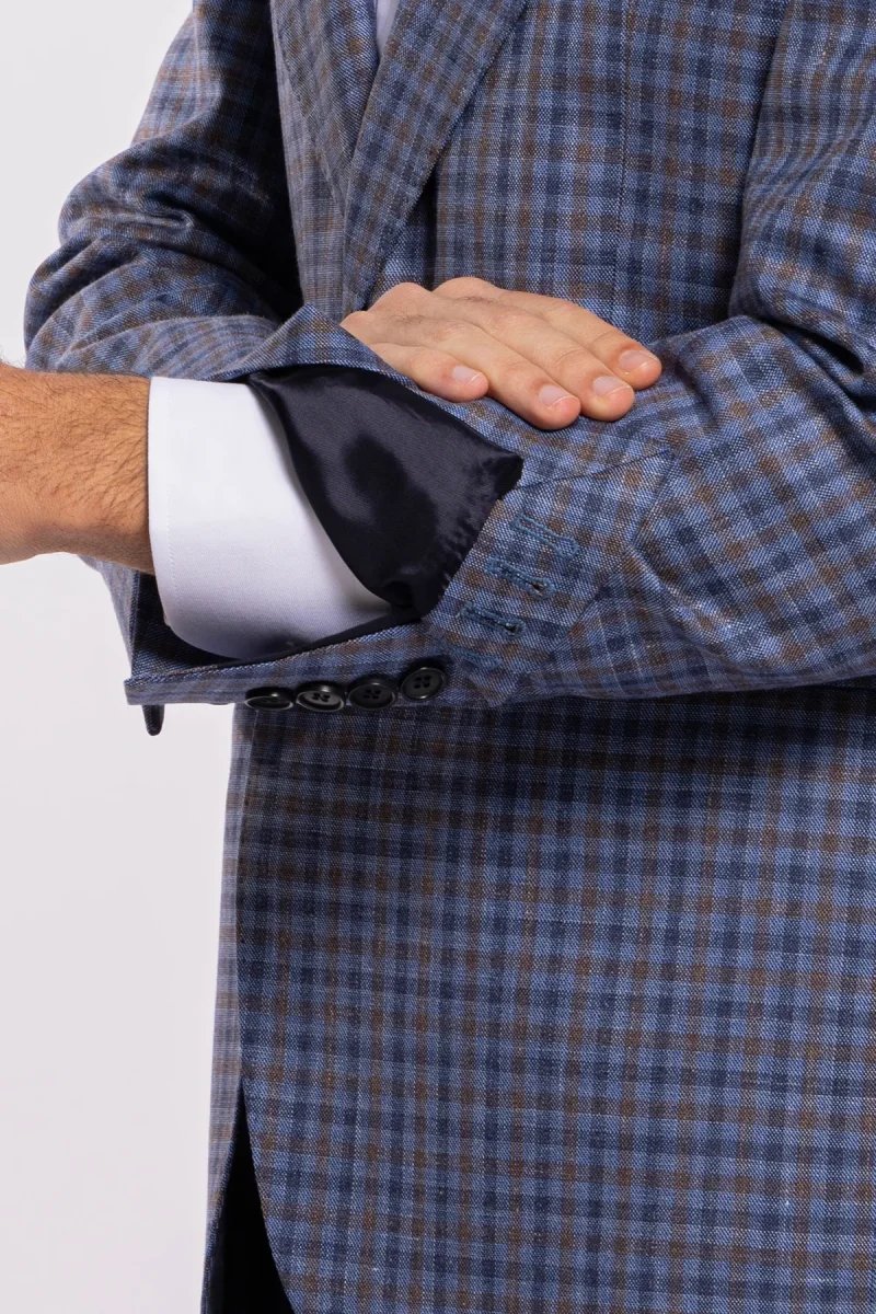 Abito uomo monopetto blu fantasia quadretti marrone e denim fresco lana seta e lino Bristol Tessuti Rever largo a lancia - immagine 5