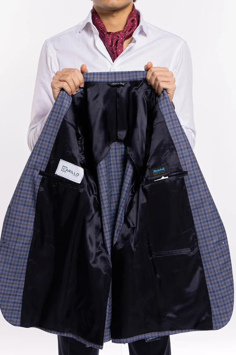 Abito uomo monopetto blu fantasia quadretti marrone e denim fresco lana seta e lino Bristol Tessuti Rever largo a lancia - immagine 4