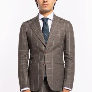 Abito uomo monopetto marrone fantasia quadri grandi verdi lino e cotone Bristol Tessuti Rever largo a lancia