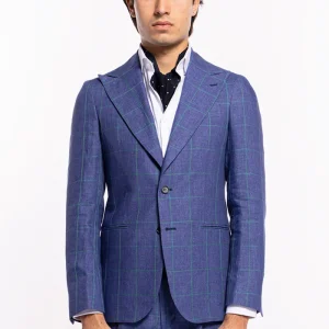 Abito uomo monopetto denim fantasia quadri verde lino e cotone Bristol Tessuti Rever largo a lancia