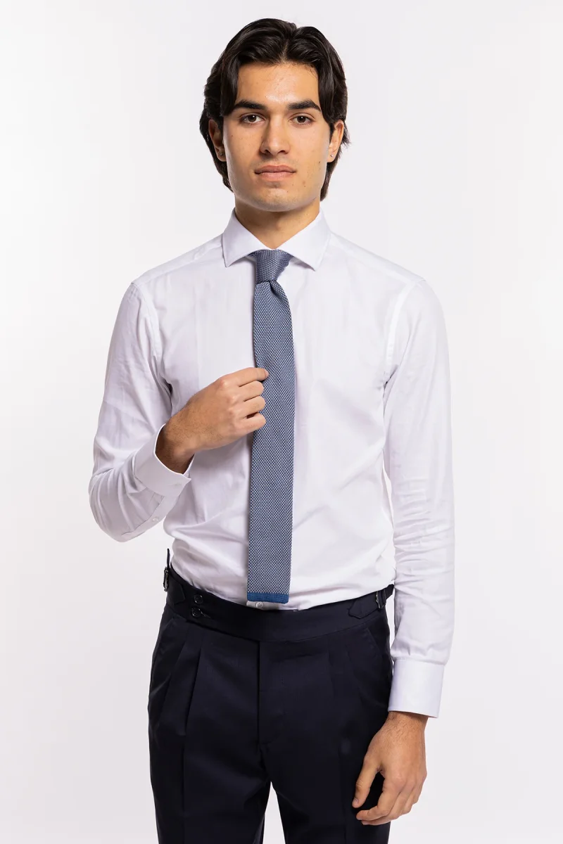 Cravatta uomo beige e bluette in tricot 100% cotone larghezza 6 cm adatta per uno spezzato - immagine 2