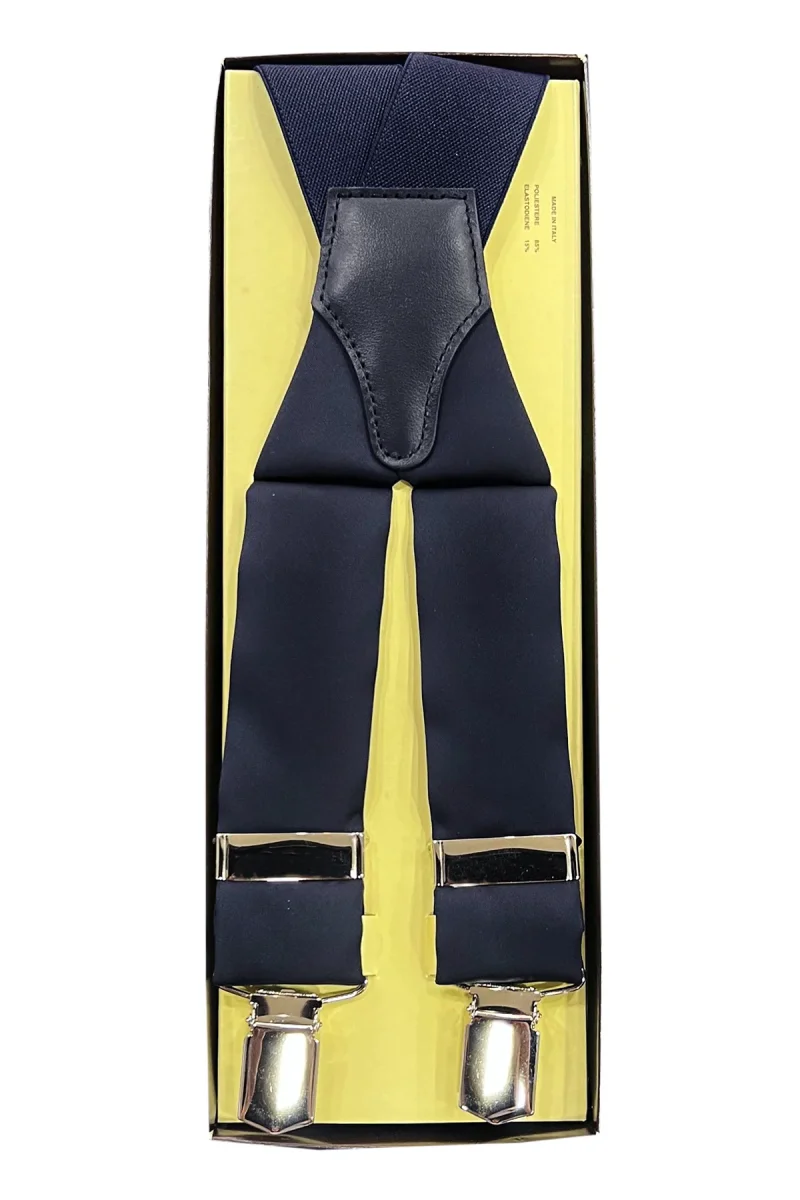 Bretelle da uomo blu notte in raso tinta unita 3,5cm regolabili con chiusura pinze argento - immagine 2