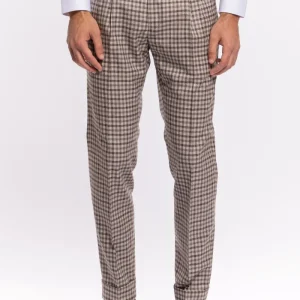 Pantalone uomo vita alta beige a quadri marroni fresco lana Vitale Barberis Canonico con doppia pinces e risvolto