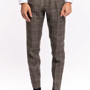 Pantalone uomo vita alta marrone fantasia quadri grandi verdi lino e cotone Bristol Tessuti con doppia pinces e risvolto