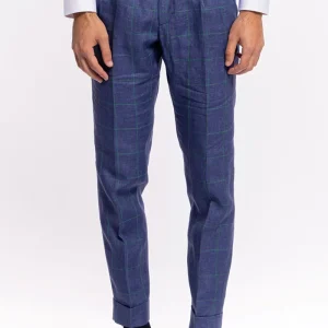 Pantalone uomo vita alta denim fantasia quadri verde lino e cotone Bristol Tessuti con doppia pinces e risvolto