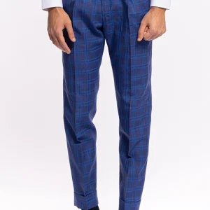Pantalone uomo vita alta blu fantasia quadri royal blu fresco lana e seta Bristol tessuti con doppia pinces e risvolto .