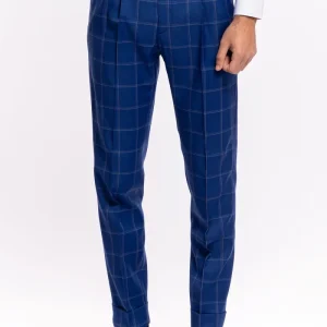 Pantalone uomo vita alta royal blu fantasia quadri bianchi fresco lana Bristol Tessuti con doppia pinces e risvolto
