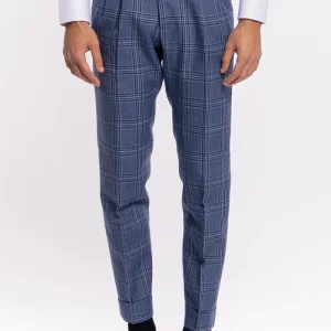 Pantalone uomo vita alta denim fantasia quadri blu fresco lana e seta Bristol Tessuti con doppia pinces e risvolto