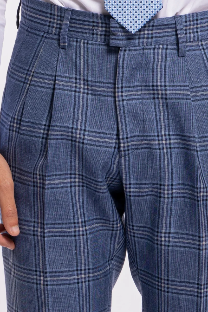 Pantalone uomo vita alta denim fantasia quadri blu fresco lana e seta Bristol Tessuti con doppia pinces e risvolto - immagine 6