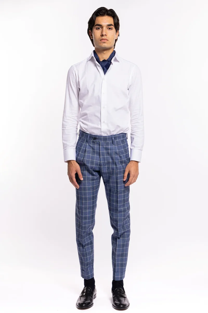 Pantalone uomo vita alta blu denim quadri bianchi fresco lana e lino Bristol Tessuti con doppia pinces e risvolto- - immagine 3