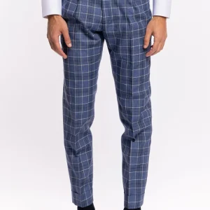 Pantalone uomo vita alta blu denim quadri bianchi fresco lana e lino Bristol Tessuti con doppia pinces e risvolto-