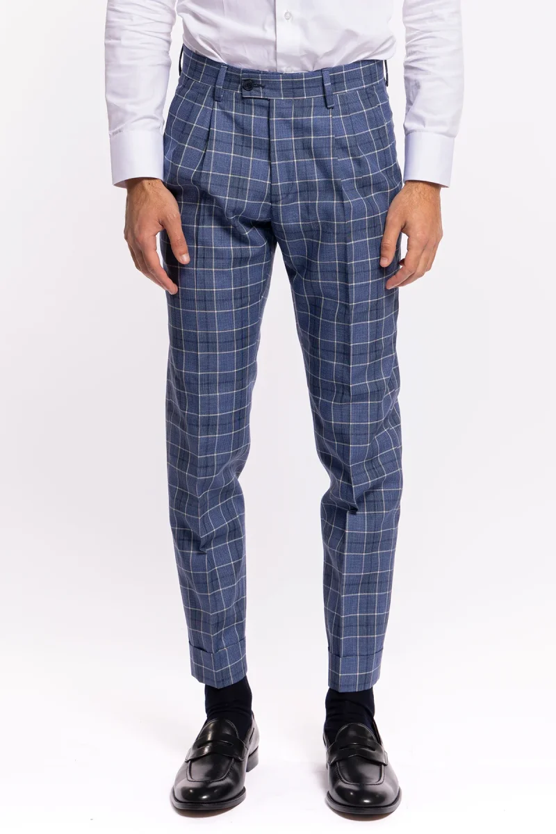 Pantalone uomo vita alta blu denim quadri bianchi fresco lana e lino Bristol Tessuti con doppia pinces e risvolto-