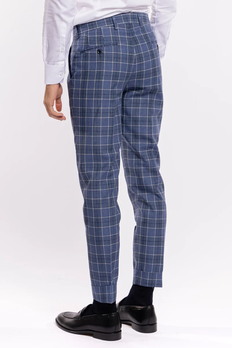 Pantalone uomo vita alta blu denim quadri bianchi fresco lana e lino Bristol Tessuti con doppia pinces e risvolto- - immagine 5