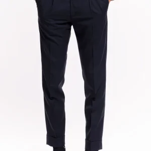 Pantalone uomo vita alta blu quadro rosso fresco lana super 120’s Holland & Sherry con doppia pinces e risvolto