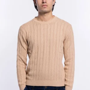 Maglioncino da uomo beige con treccia maniche lunghe 100% cotone di filo tinta unita finezza 7
–
