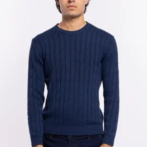 Maglioncino da uomo blu con treccia maniche lunghe 100% cotone di filo tinta unita finezza 7
–