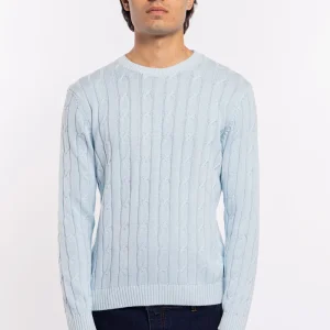 Maglioncino da uomo celeste con treccia maniche lunghe 100% cotone di filo tinta unita finezza 7
–