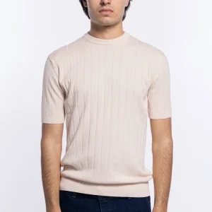 Maglioncino da uomo mezze maniche beige con treccia ricamata interna 100% cotone di filo tinta unita finezza 14