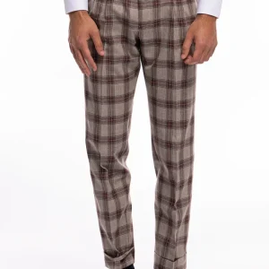 Pantalone uomo vita alta beige a quadri bordeaux lana e seta Vitale Barberis Canonico