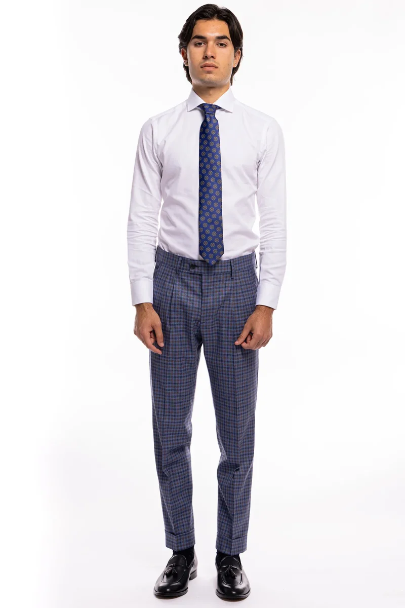 Pantalone uomo vita alta blu fantasia quadretti marrone e denim fresco lana seta e lino Bristol Tessuti - immagine 3