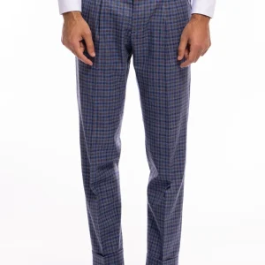 Pantalone uomo vita alta blu fantasia quadretti marrone e denim fresco lana seta e lino Bristol Tessuti