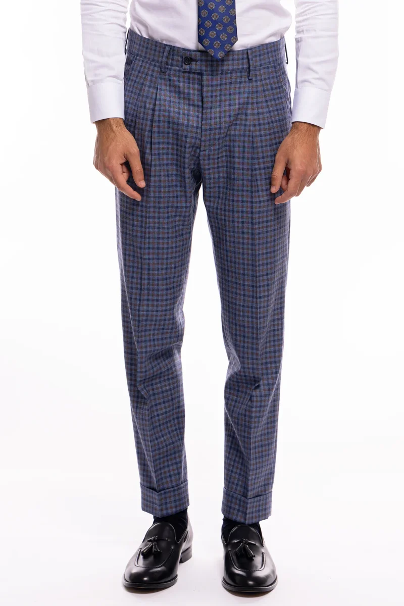 Pantalone uomo vita alta blu fantasia quadretti marrone e denim fresco lana seta e lino Bristol Tessuti