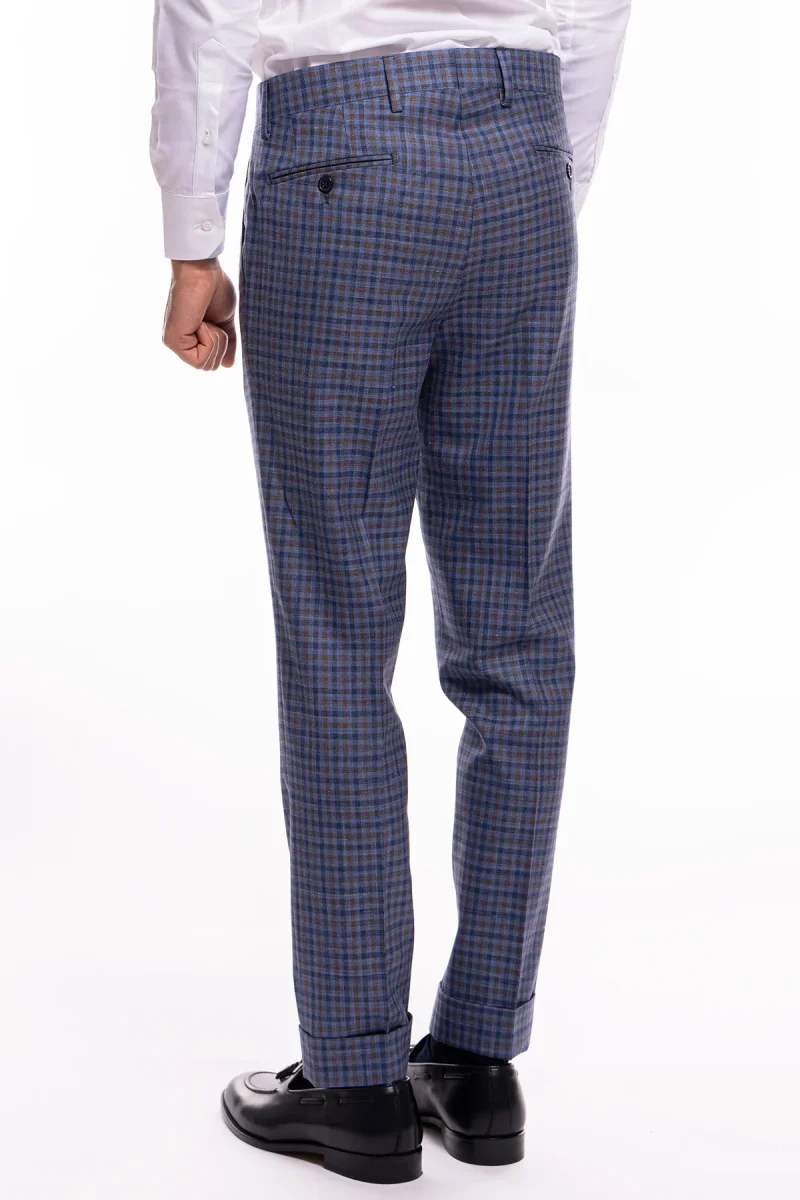 Pantalone uomo vita alta blu fantasia quadretti marrone e denim fresco lana seta e lino Bristol Tessuti - immagine 5