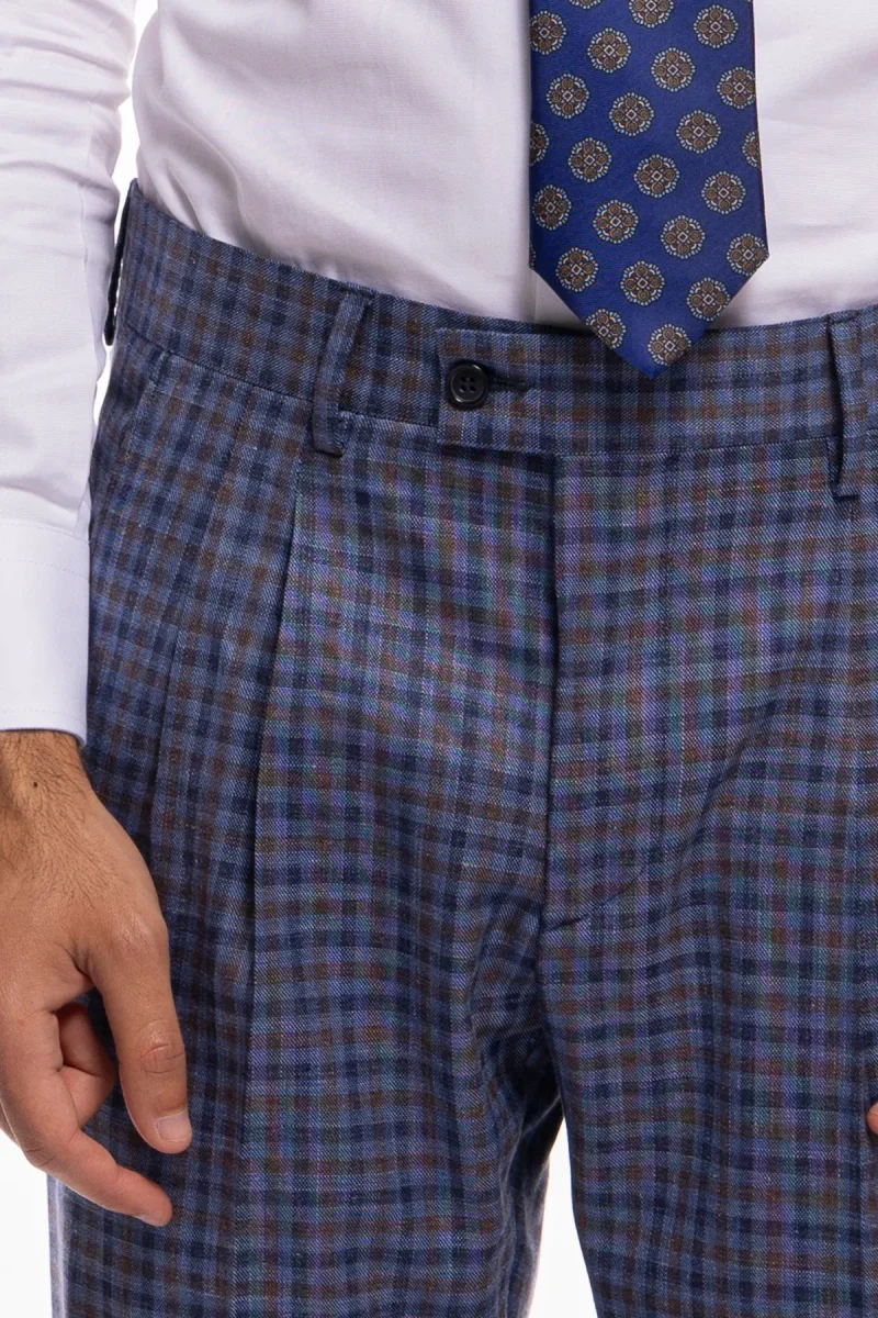 Pantalone uomo vita alta blu fantasia quadretti marrone e denim fresco lana seta e lino Bristol Tessuti - immagine 6