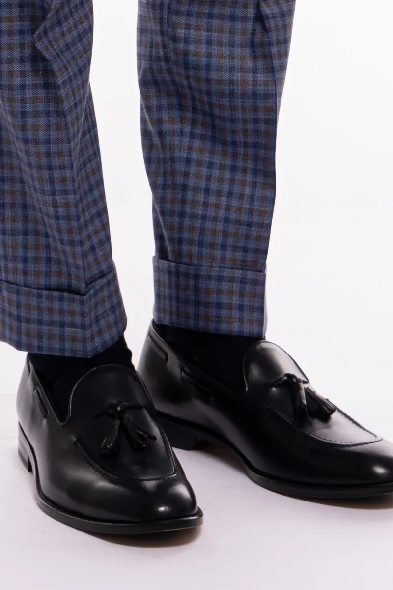 Pantalone uomo vita alta blu fantasia quadretti marrone e denim fresco lana seta e lino Bristol Tessuti - immagine 7