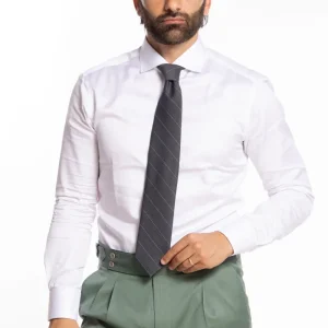 Cravatta uomo 9cm grigia gessata con riga celeste fresco lana super 130’s Bristol Tessuti Napoli