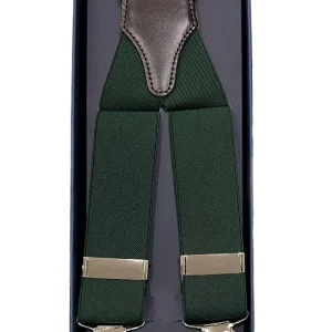 Bretelle da uomo verde tinta unita Elasticizzate 3,5 cm regolabili con chiusura pinze argento