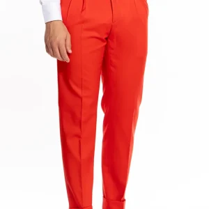 Pantalone uomo rosso vita alta in fresco lana super 130’s Bristol Tessuti Napoli tasca america doppia pinces e risvolto di 5cm