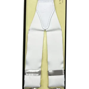 Bretelle da uomo bianche tinta unita in raso 3,5 cm regolabili con chiusura pinze argento