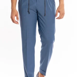 Pantalaccio da uomo Azzurro doppia pinces in misto fresco lana tasca america risvolto 5cm con laccio regolabile