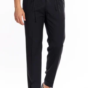 Pantalaccio da uomo Nero doppia pinces in misto fresco lana tasca america risvolto 5cm con laccio regolabile.